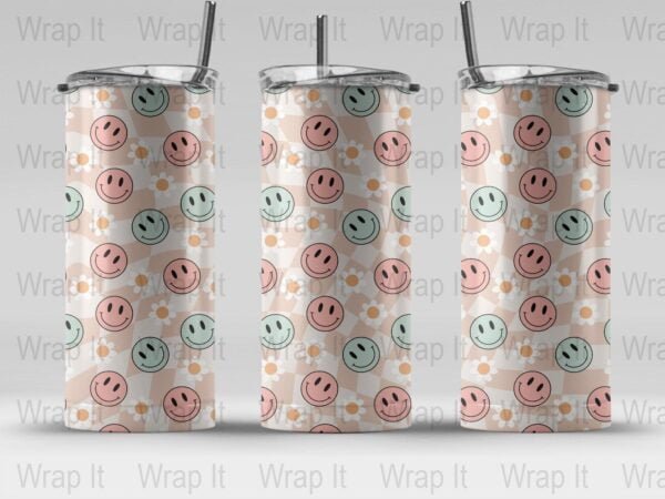 Vintage Groovy Smiley Face Tumbler Wrap, 20 oz 30 oz Skinny Wraps, Instant Download, Sublimation tumblers, png digital download