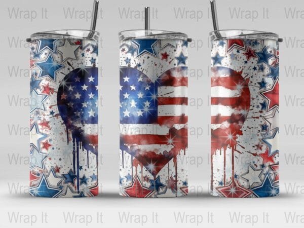 Red White Blue Stars Heart Tumbler Wrap, 20 oz 30 oz Skinny Wraps, Instant Download, Sublimation tumblers, png digital download, July 4th