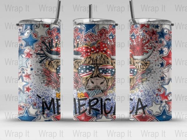 Merica Heifer 4th of July Tumbler Wrap, 20 oz 30 oz Skinny Wraps, Instant Download, Sublimation tumblers, png digital download, Heifer Wrap