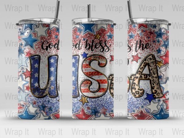 God Bless the USA Tumbler Wrap, 20 oz 30 oz Skinny Wraps, Instant Download, Sublimation tumblers, png digital download, USA Flag, July 4th