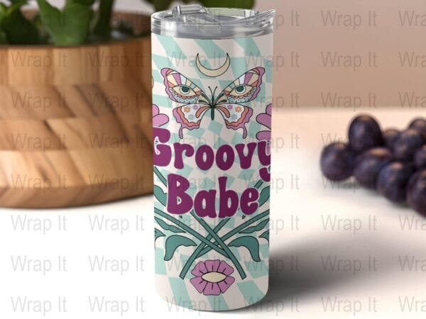 Retro Groovy Babe Flowers Tumbler Wrap, 20 oz 30 oz Skinny Wraps, Instant Download, Sublimation tumblers, png digital download, Checkerboard
