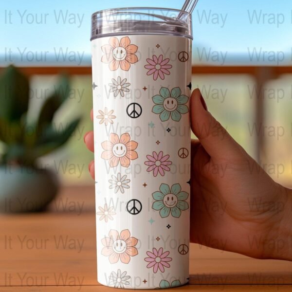 Groovy Retro Hippie Flowers Tumbler Wrap, 20 oz Skinny Wraps, Instant Download, Sublimation tumblers, png Digital File, Hippy Flower Power