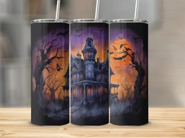 Halloween Haunted House Tumbler Wrap png, Sublimation Tumbler, Instant Digital Download, Spooky Halloween Tumbler, Bats Ghosts png