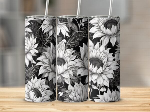 Black White Sunflowers Tumbler Wrap png, Sublimation Tumbler, Instant Digital Download, Flower Sublimation Tumbler, White & Black Botanical