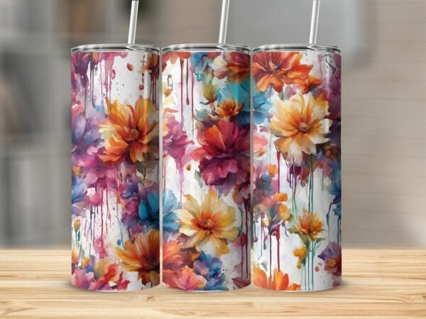 Colorful Flowers Dripping Paint Tumbler Wrap png, Sublimation Tumbler, Instant Digital Download, Floral Botanical png, Sublimation Flowers