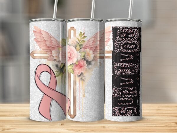 Pink Ribbon Survivor Cross Wings Tumbler Wrap PNG, Sublimation Instant Download, Breast Cancer png Wrap, October Pink Tumbler Wrap Design