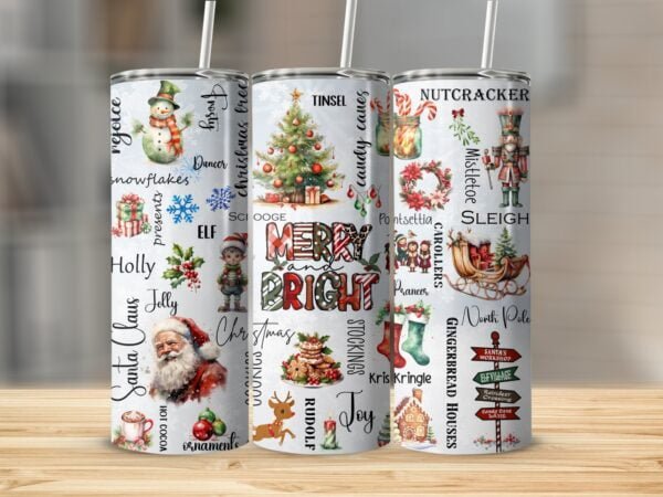 Christmas Tumbler Wrap 20 oz Skinny Tumbler Sublimation Design Digital Download PNG, Merry & Bright Holiday Jolly Vibes Tumbler, Santa Tree