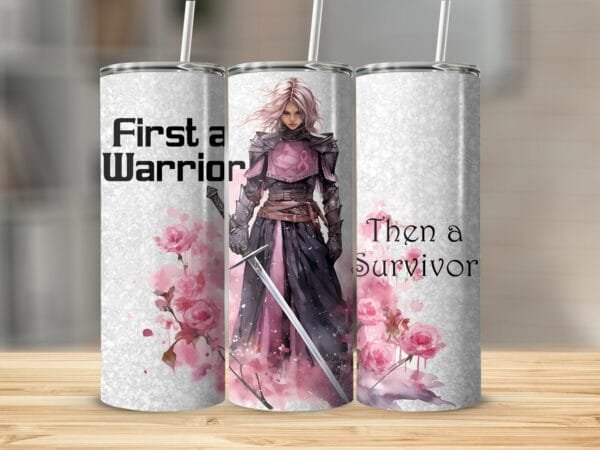 Breast Cancer Warrior Pink Ribbon Tumbler Wrap PNG, Sublimation Instant Download, Cancer Survivor Tumbler, PNG File Download, Warrior Pink