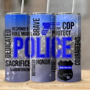 Tumbler Wrap PNG Police Cop Blue Line, 20 oz Skinny Tumbler, Sublimation Tumbler, Instant Download, PNG Tumbler Wrap, Back the Blue Tumbler