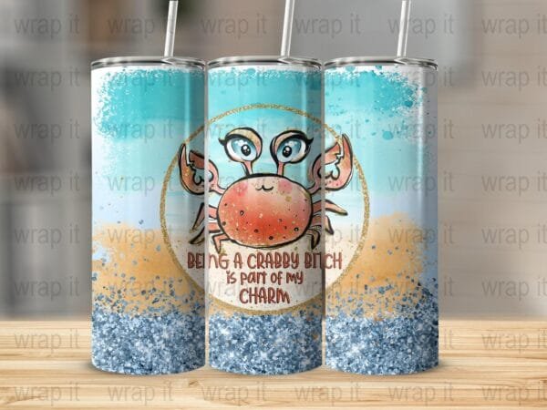 Crabby Bitch Tumbler Wrap PNG, Sublimation png, Instant Download, Funny Bitch Tumbler Gift, Crab Beach png, 20 oz Skinny Tumbler Wrap