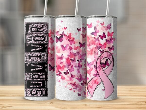 Breast Cancer Survivor Ribbon Butterflies Tumbler Wrap PNG, Sublimation Instant Download, Pink Butterfly Heart png, Cancer Skinny Tumbler