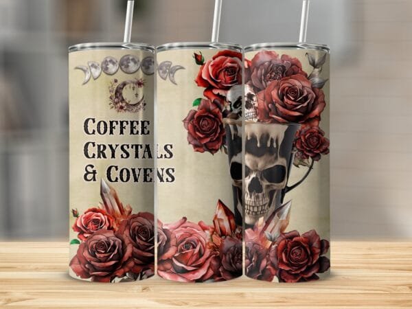 Witchy Vibes Coffee Tumbler Wrap PNG, Sublimation Instant Download, Coffee Crystals Covens png, Witch Tumbler, Coffee Wrap with Roses