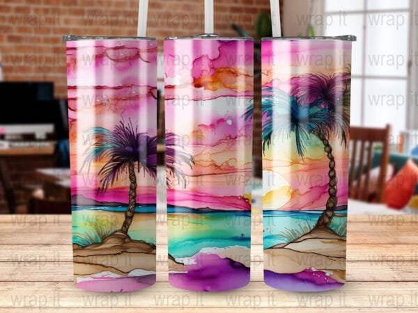 Beach Sunset Palm Trees Alcohol Ink Tumbler Wrap PNG, Digital Instant Download, 20 oz 30 oz Skinny Tumbler, Sublimation png, Tropical Glass