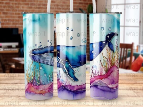 Whale Ocean Alcohol Ink Tumbler Wrap PNG, Digital Instant Download, 20 oz 30 oz Skinny Tumbler, Sublimation png, Humpback Whale Glass