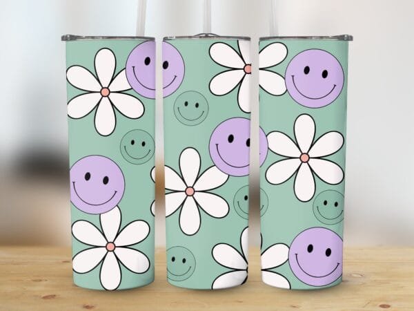 Retro Daisy Smile Face Tumbler Wrap PNG, Digital Download, Sublimation png Wrap, Vintage 80's Tumbler, Daisy Sublimation Smile Face png