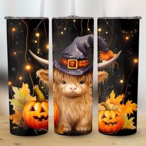 Highland Cow Heifer Halloween Tumbler Wrap PNG, Digital Download, Sublimation png Wrap, Cute Cow Tumbler, Heifer Wrap png, Pumpkins