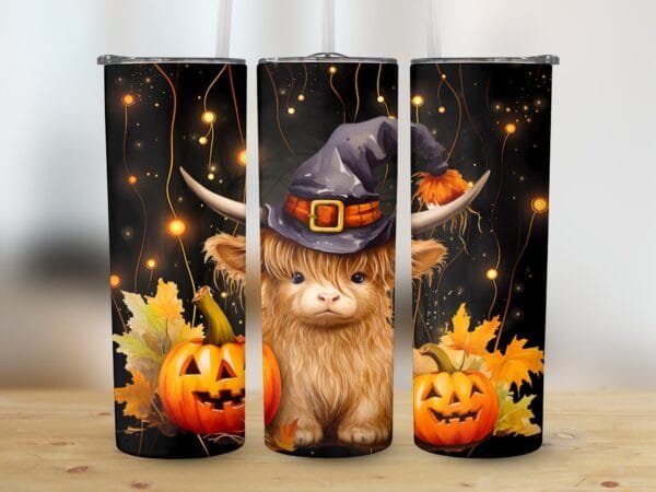 Highland Cow Heifer Halloween Tumbler Wrap PNG, Digital Download, Sublimation png Wrap, Cute Cow Tumbler, Heifer Wrap png, Pumpkins