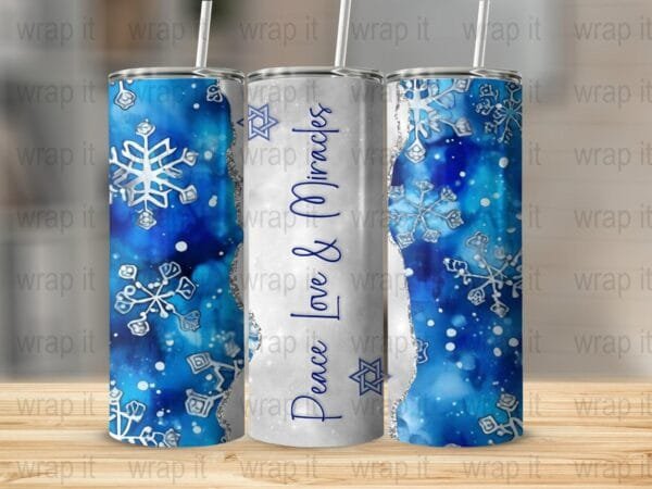 Hanukkah Peace Love Miracles Tumbler Wrap PNG, Sublimation Design, 20 oz 30 oz Skinny Wrap, Christmas Tumbler, Hanukkah Tumbler PNG