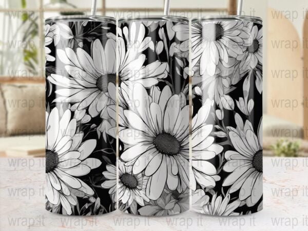 Daisies Black White Flowers Tumbler Wrap, Digital Download, Sublimation Wrap, Tumbler PNG, Daisy Tumbler Gift, 20 zo 30 oz Skinny Tumbler