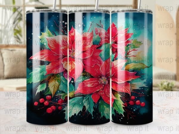 Poinsettias Christmas Tumbler Wrap, Digital Download, Sublimation Wrap, Tumbler PNG, Red Flower png, Christmas Tumbler, 20 oz 30 oz Wrap