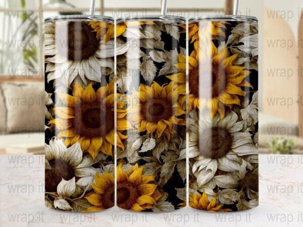 Sunflowers Black White Yellow Tumbler Wrap, Digital Download, Sublimation Wrap, Tumbler PNG, Sunflower Wrap png, 20 oz 30 0z Skinny Tumbler