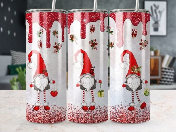 Christmas Gnomes Tumbler Wrap png, 20 oz Skinny Tumbler, Sublimation Design, Instant Digital Download, Red Glitter Drips, Candy Canes png