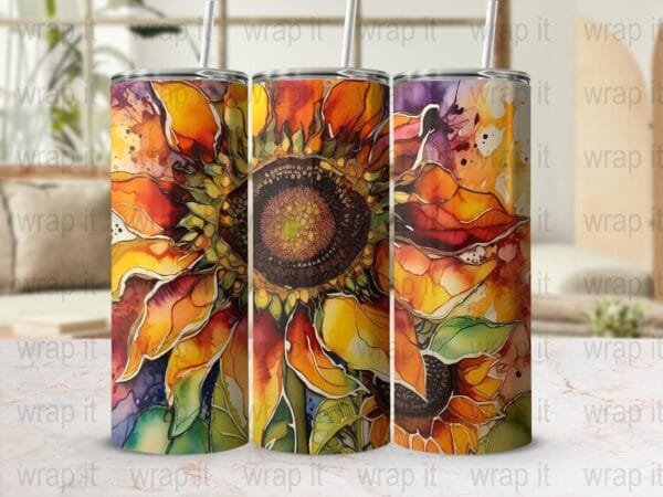 Sunflowers Alcohol Ink Tumbler Wrap PNG Instant Download Sublimation, 20 oz 30 oz Skinny Tumbler, Sunflower Lover Gift, Sunflowers Tumbler