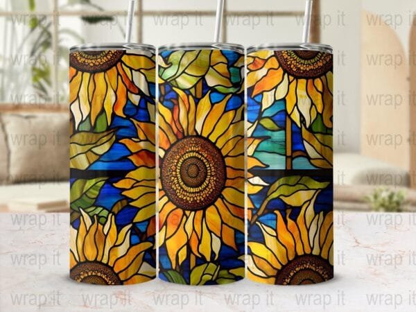 Stained Glass Sunflower Tumbler Wrap PNG Instant Download Sublimation, 20 oz 30 oz Skinny Tumbler, Flower Sublimation, Sun flowers png