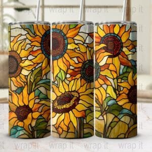 Stained Glass Sunflowers Tumbler Wrap PNG Instant Download Sublimation, 20 oz 30 oz Skinny Tumbler, Yellow Flower Wrap, Stained Glass Flower