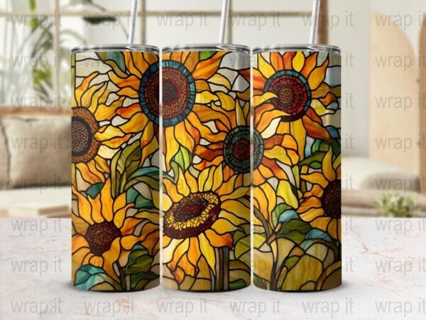 Stained Glass Sunflowers Tumbler Wrap PNG Instant Download Sublimation, 20 oz 30 oz Skinny Tumbler, Yellow Flower Wrap, Stained Glass Flower