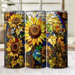 Stained Glass Window Sunflowers Tumbler Wrap PNG Instant Download Sublimation, 20 oz 30 oz Skinny Tumbler, Yellow Flowers Tumbler gift