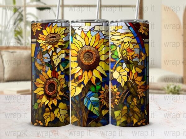 Stained Glass Window Sunflowers Tumbler Wrap PNG Instant Download Sublimation, 20 oz 30 oz Skinny Tumbler, Yellow Flowers Tumbler gift