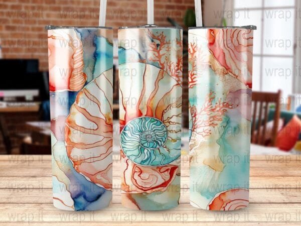 Nautilus Alcohol Ink Tumbler Wrap PNG, Digital Instant Download, 20 oz 30 oz Skinny Tumbler, Sublimation png, Beach Ocean Shells Seashells