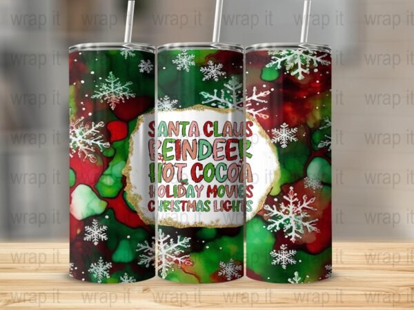 Santa Reindeer Christmas Movies Tumbler Wrap PNG, Sublimation Design, 20 oz 30 oz Skinny Wrap, Christmas Tumbler, Hot Cocoa Holidays Wrap