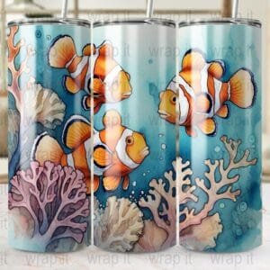 Watercolor Clownfish Tumbler Wrap Sublimation PNG, Instant Download, 20 oz Skinny Wrap, 30 oz Tumbler Wrap, Coral Reef Fish Tumbler