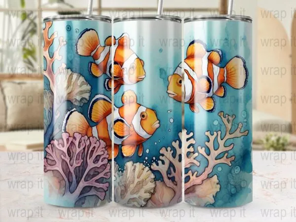 Watercolor Clownfish Tumbler Wrap Sublimation PNG, Instant Download, 20 oz Skinny Wrap, 30 oz Tumbler Wrap, Coral Reef Fish Tumbler