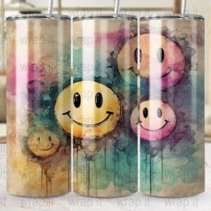 Retro Smiley Watercolor Faces Tumbler Wrap Sublimation PNG, Instant Download, 20 oz Skinny Wrap, 30 oz Tumbler Wrap, Smile Face Dripping