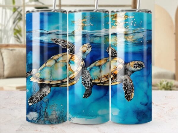 Sea Turtles Alcohol Ink Tumbler Wrap PNG, Sublimation png, Instant Download, 20 oz 30 oz Skinny Tumbler Wrap, Turtle Lover Tumbler Gift