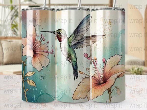 Hummingbird Hibiscus Tumbler Sublimation Wrap PNG Instant Download, 20 oz 30 oz Skinny Tumbler, Flowers Birds Wrap, Watercolor Hummingbird