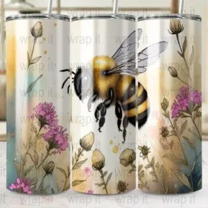 Bumble Bee Flowers Tumbler Wrap Sublimation PNG, Instant Download, 20 oz Skinny Wrap, 30 oz Tumbler Wrap, Bee Insect png, Wildflowers Wrap