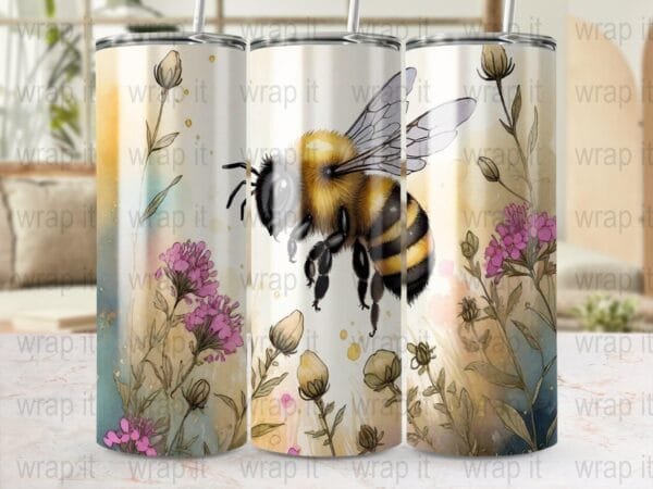 Bumble Bee Flowers Tumbler Wrap Sublimation PNG, Instant Download, 20 oz Skinny Wrap, 30 oz Tumbler Wrap, Bee Insect png, Wildflowers Wrap