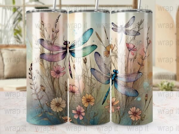 Dragonflies & Wildflowers Tumbler Wrap Sublimation PNG, Instant Download, 20 oz Skinny Wrap, 30 oz Tumbler Wrap, Flower Dragonfly Tumbler