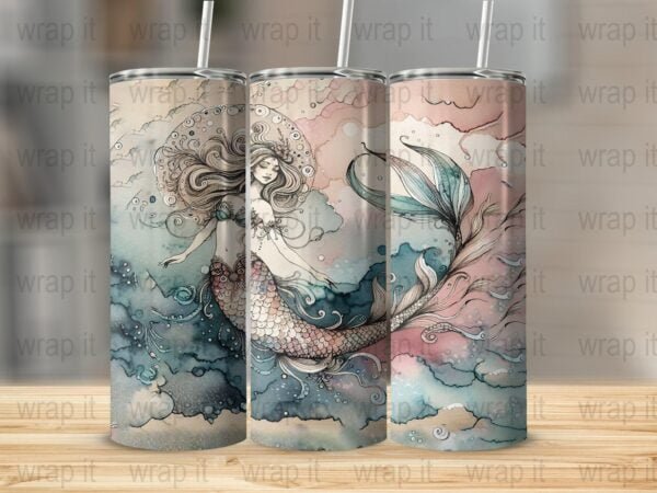 Mermaid Watercolor Tumbler Wrap PNG Sublimation Instant Download, 20 oz Skinny Tumbler, Pretty Mermaid Swimming, Beach Ocean Fish Tumbler