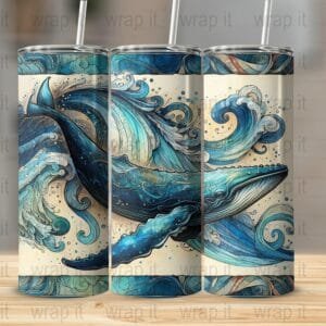 Humpback Whale Tumbler Wrap PNG Sublimation Instant Download, 20 oz Skinny Tumbler, Ocean Beach Fish Wrap, Watercolor Whale Waves png