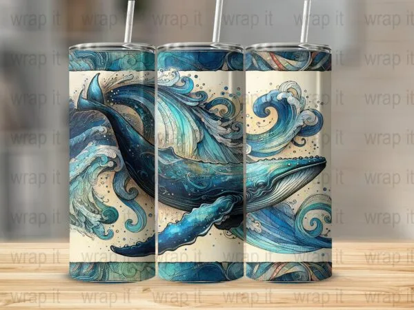 Humpback Whale Tumbler Wrap PNG Sublimation Instant Download, 20 oz Skinny Tumbler, Ocean Beach Fish Wrap, Watercolor Whale Waves png
