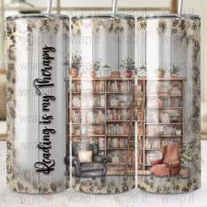 Reading is My Therapy Book Lover Tumbler Sublimation Wrap, Instant Download, 20 oz 30 oz Skinny Tumbler, Books Reading Tumbler gift, Book