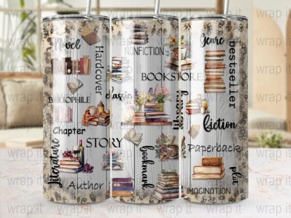 Books Reading Book Lover Bibliophile Tumbler Sublimation Wrap, Instant Download, 20 oz 30 oz Skinny Tumbler, Books Reading Tumbler gift