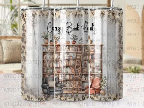 Book Tumbler Sublimation Wrap, Instant Download, 20 oz 30 oz Skinny Tumbler, Reading Tumbler gift, Book Lover Tumbler png, Crazy Book Lady