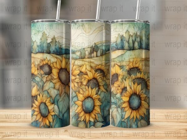 Field of Sunflowers Watercolor Tumbler Wrap PNG Sublimation Instant Download, 20 oz Skinny Tumbler, Sunflower Tumbler, Flower png