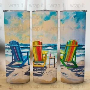Sunset Beach Chairs Cocktail Tumbler Wrap PNG Sublimation, Instant Download, 20 oz 30 oz Skinny Tumbler, Ocean Waves Fish Coastal png Wrap